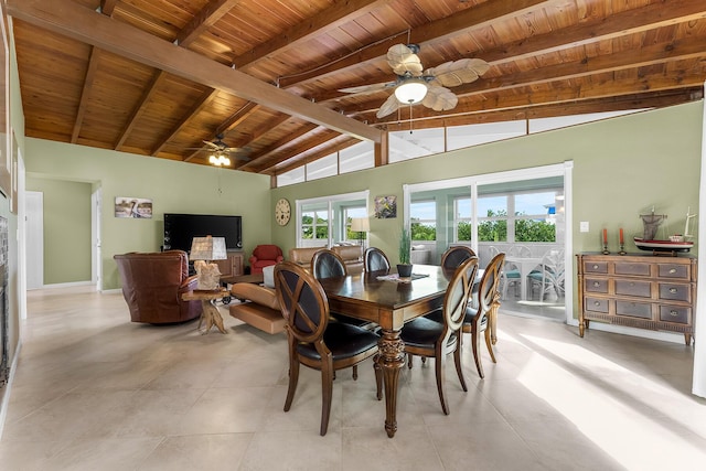 dining area with wood ceiling, ceiling fan, and vaulted ceiling with beams