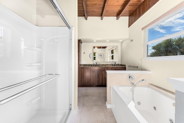 bathroom with plus walk in shower, tile patterned flooring, vanity, wooden ceiling, and beam ceiling