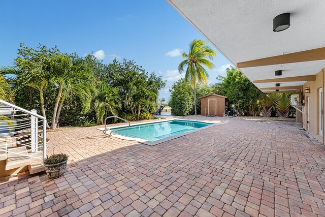 view of pool with a patio and a storage shed