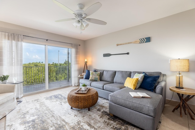 tiled living room with ceiling fan