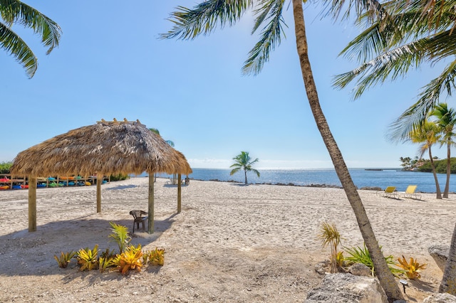 view of water feature with a gazebo and a beach view