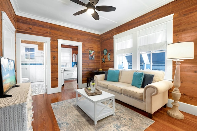 1203 Newton St Unit 2, Key West, FL 33040 - living area with wood walls, ceiling fan, ornamental molding, and wood finished floors