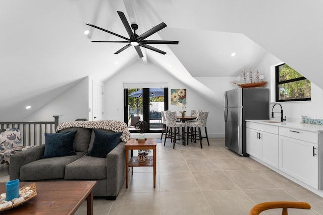1610 Von Phister St, Key West, FL 33040 - living area featuring vaulted ceiling, a ceiling fan, light tile patterned floors, and recessed lighting