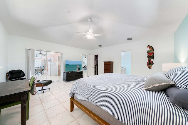 tiled bedroom with lofted ceiling, access to outside, and ceiling fan