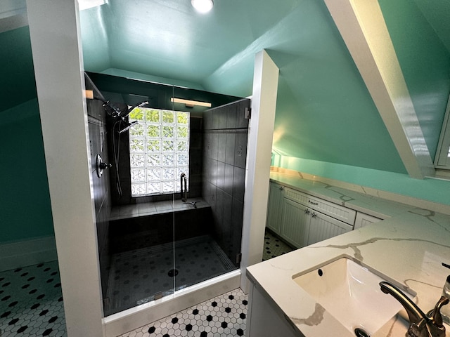 318 Margaret St, Key West, FL 33040 - full bath featuring a shower stall, vanity, and lofted ceiling