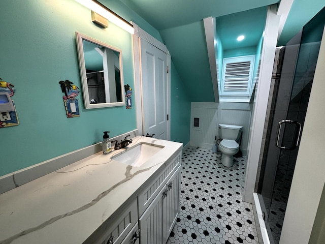318 Margaret St, Key West, FL 33040 - full bath featuring vanity, a stall shower, toilet, a wainscoted wall, and tile patterned floors