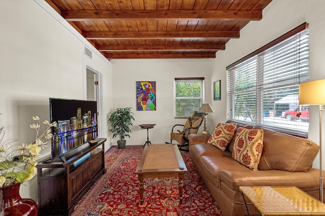 living room featuring beam ceiling, visible vents, and wooden ceiling