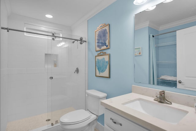 bathroom with crown molding, vanity, toilet, and a shower with shower door