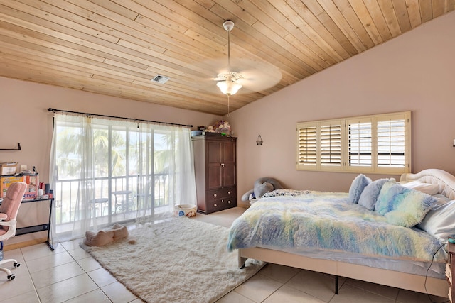 bedroom with wooden ceiling, access to outside, vaulted ceiling, and tile patterned floors