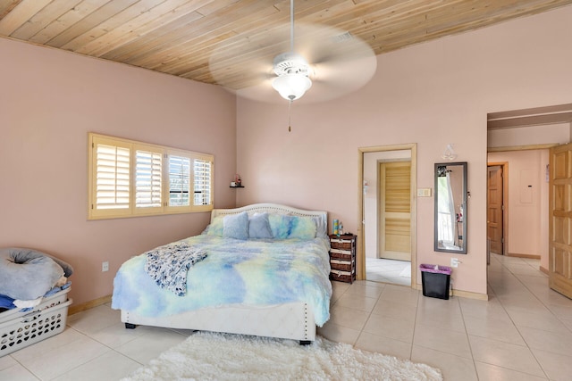 bedroom featuring wooden ceiling, ceiling fan, baseboards, and tile patterned floors