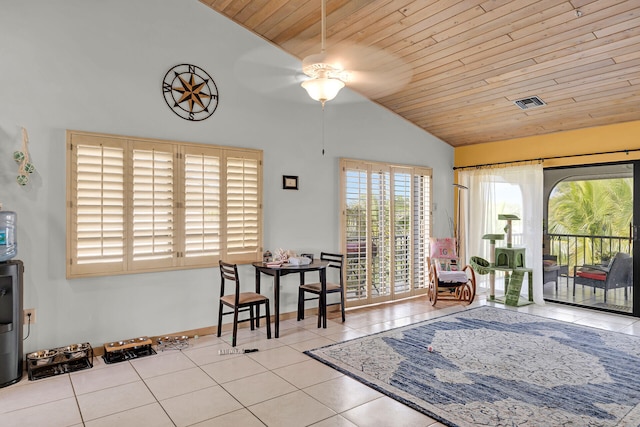 living area featuring wood ceiling, a ceiling fan, baseboards, visible vents, and tile patterned floors