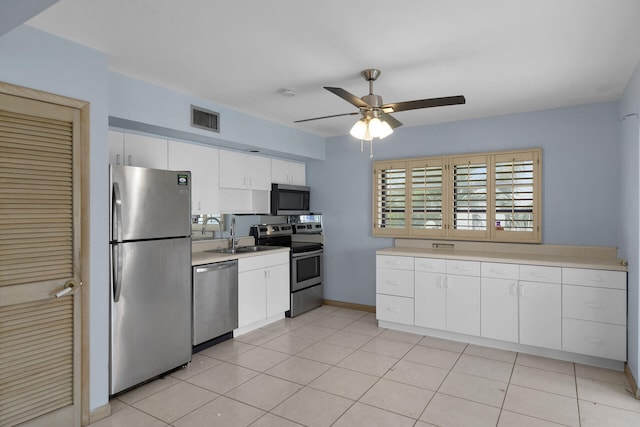 kitchen with stainless steel appliances, light countertops, visible vents, a ceiling fan, and a sink