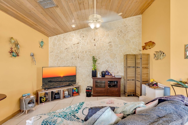 living room featuring vaulted ceiling, wooden ceiling, tile patterned flooring, and visible vents