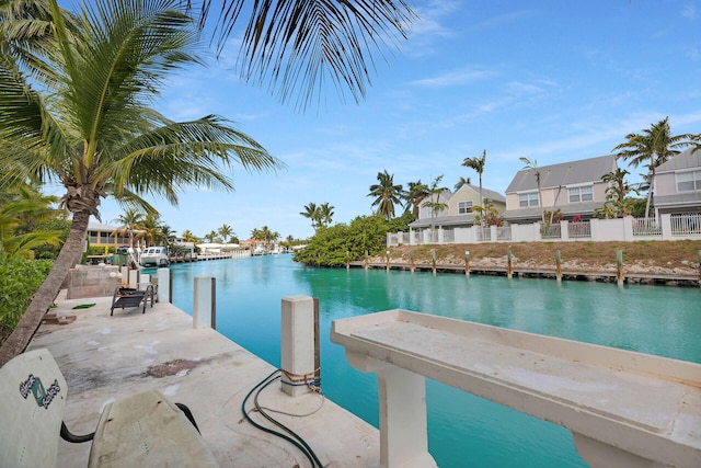 view of pool with a boat dock and a water view