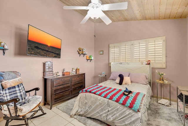 tiled bedroom featuring lofted ceiling, wood ceiling, and ceiling fan