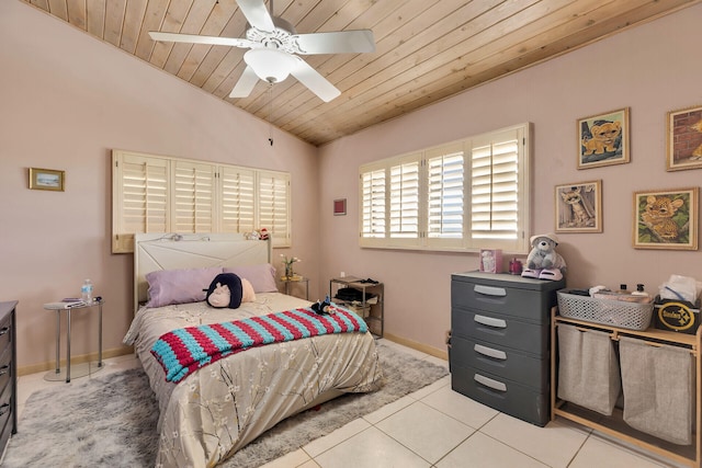 tiled bedroom with lofted ceiling, wooden ceiling, baseboards, and a ceiling fan