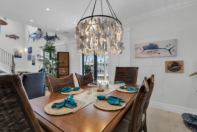 dining area featuring ornamental molding and a chandelier