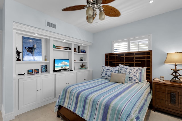 bedroom with light tile patterned flooring and ceiling fan