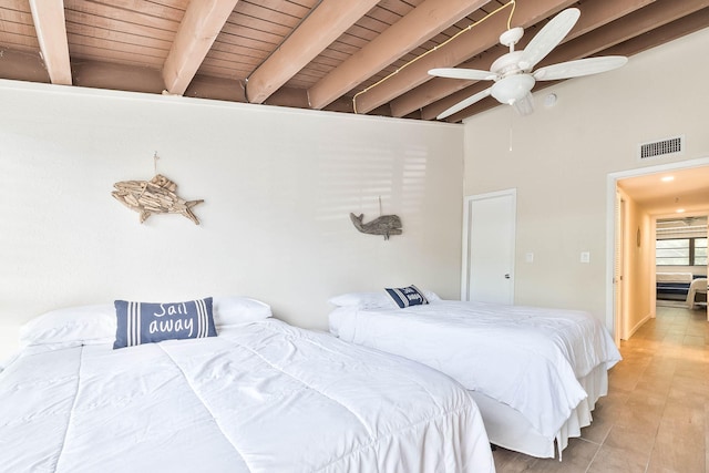 bedroom with ceiling fan, lofted ceiling with beams, and wooden ceiling