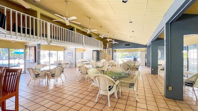 dining area featuring light tile patterned flooring, wooden ceiling, and high vaulted ceiling