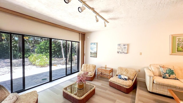 living room with a textured ceiling and light wood-type flooring