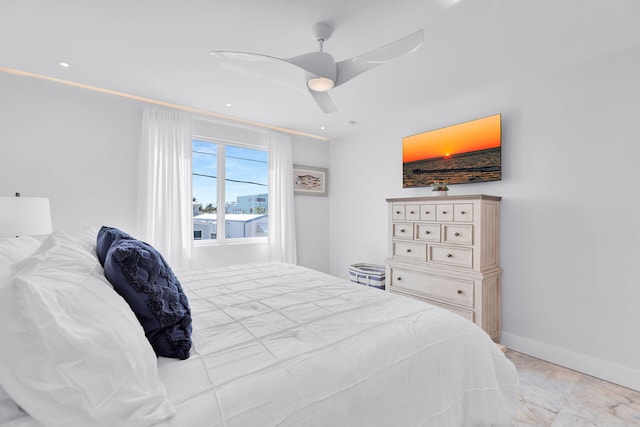 257 Normandy Dr, Tavernier, FL 33070 - bedroom featuring ceiling fan, baseboards, light marble finish floors, and recessed lighting