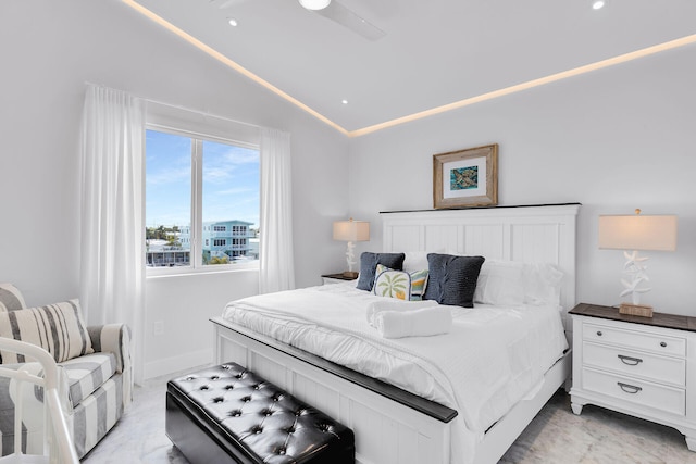 257 Normandy Dr, Tavernier, FL 33070 - bedroom featuring vaulted ceiling, recessed lighting, and light marble finish floors