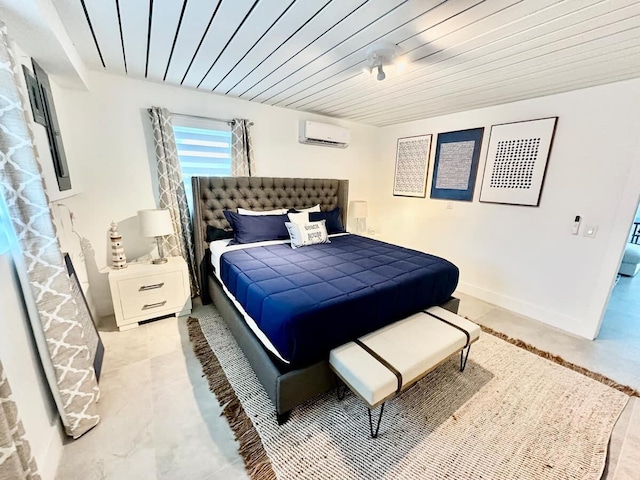 bedroom featuring a wall mounted air conditioner and wooden ceiling