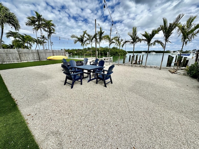 view of patio with a water view