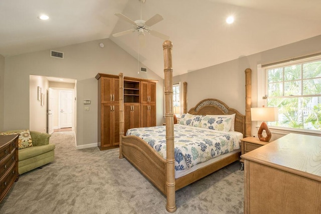 202 Admirals Ln, Key West, FL 33040 - bedroom featuring high vaulted ceiling, light colored carpet, a ceiling fan, recessed lighting, and baseboards