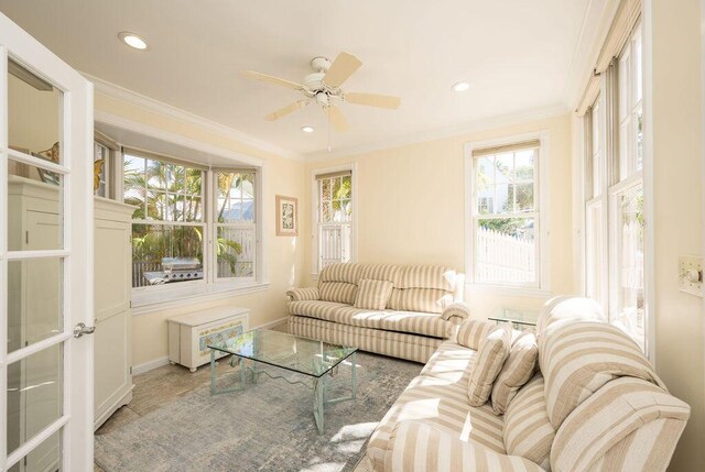 202 Admirals Ln, Key West, FL 33040 - living area with ornamental molding, baseboards, a ceiling fan, and recessed lighting