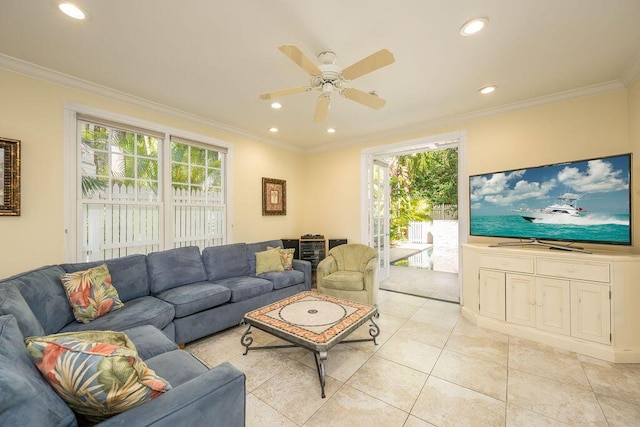 202 Admirals Ln, Key West, FL 33040 - living room featuring plenty of natural light, a ceiling fan, recessed lighting, light tile patterned flooring, and ornamental molding