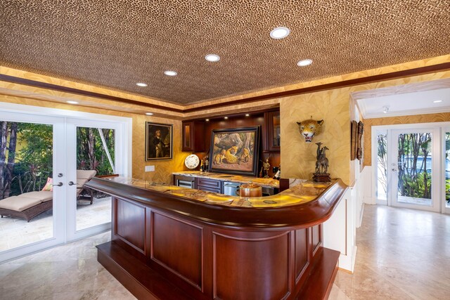 bar featuring dishwasher, recessed lighting, crown molding, and french doors