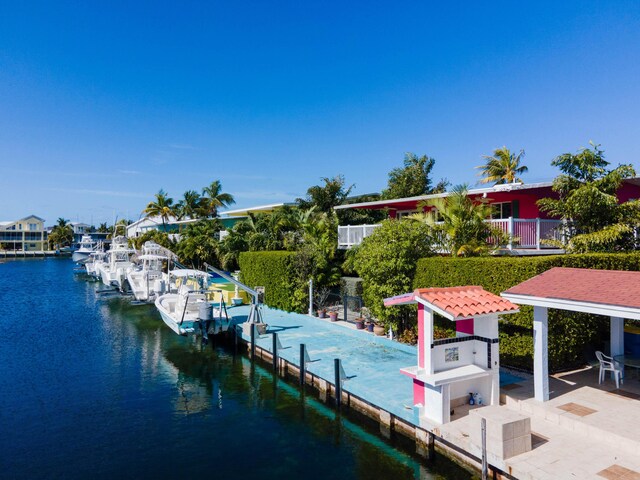 dock area with a patio and a water view