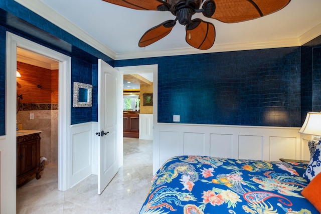 bedroom featuring ceiling fan and ornamental molding