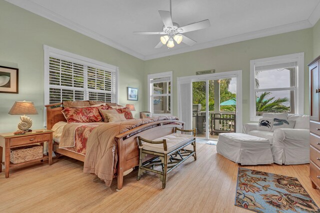 bedroom with crown molding, access to outside, ceiling fan, and light hardwood / wood-style flooring