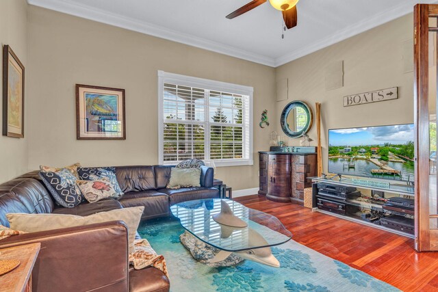 living room featuring crown molding, wood-type flooring, and ceiling fan