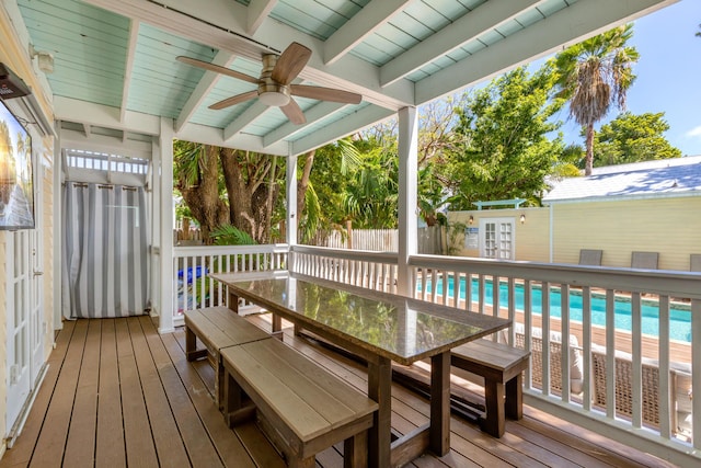 525 Simonton St, Key West, FL 33040 - wooden deck with ceiling fan, outdoor dining area, and a fenced backyard