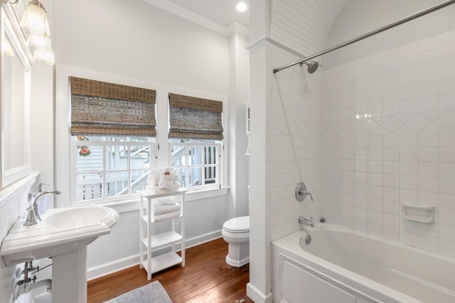 525 Simonton St, Key West, FL 33040 - bathroom with wood finished floors, bathing tub / shower combination, and ornamental molding