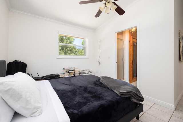 tiled bedroom with ceiling fan and ornamental molding