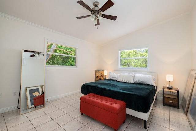 bedroom featuring lofted ceiling, multiple windows, and ornamental molding