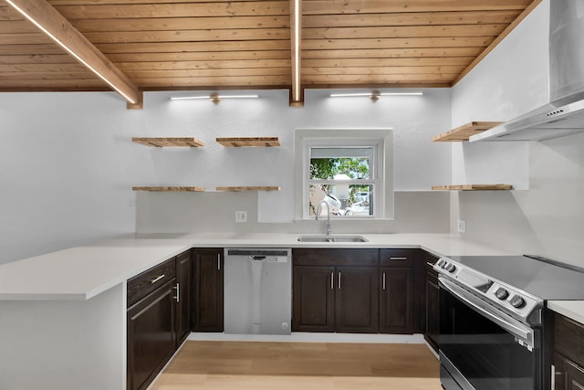 178 Coral Ave, Tavernier, FL 33070 - kitchen with open shelves, stainless steel appliances, a wooden ceiling with exposed beams, wall chimney range hood, and light wood-type flooring
