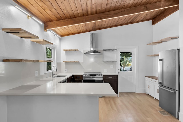 178 Coral Ave, Tavernier, FL 33070 - kitchen featuring open shelves, stainless steel appliances, wall chimney range hood, wooden ceiling, and a peninsula