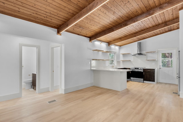 178 Coral Ave, Tavernier, FL 33070 - kitchen featuring stainless steel electric range, wall chimney range hood, open shelves, light countertops, and wood ceiling
