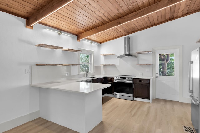 178 Coral Ave, Tavernier, FL 33070 - kitchen featuring open shelves, appliances with stainless steel finishes, wall chimney exhaust hood, wooden ceiling, and a peninsula