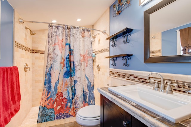 30957 Mercedes Rd, Big Pine, FL 33043 - bathroom with vanity, a tile shower, decorative backsplash, and recessed lighting