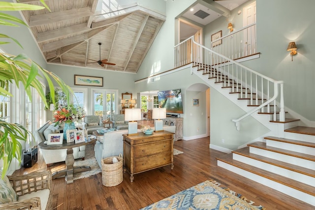 living room featuring ceiling fan, high vaulted ceiling, hardwood / wood-style floors, and wooden ceiling