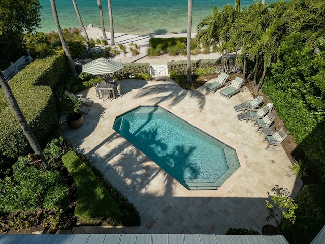 view of pool featuring a patio area and a water view