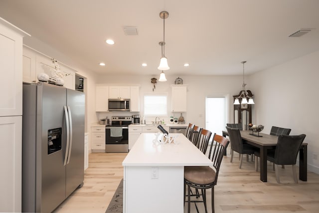 kitchen featuring stainless steel appliances, a center island, hanging light fixtures, and white cabinets