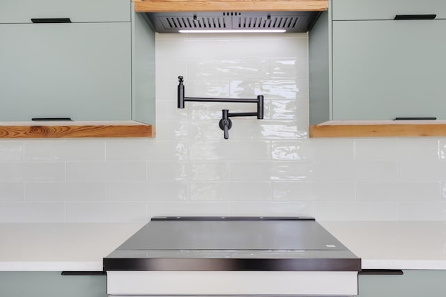 details featuring custom exhaust hood and tasteful backsplash